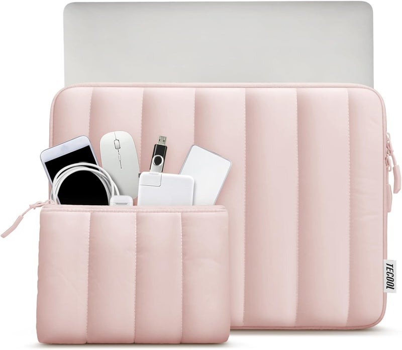 TECOOL Puffy Laptop Case 13.3 inch,13-13.3 inch Laptop Sleeve for MacBook Air 13 13.6 inch M4 M3 M2 2025,MacBook Pro 13/ Mac Pro 14,13.3" HP Lenovo Dell Waterproof Notebook Bag with Small Case,Pink - Image 2